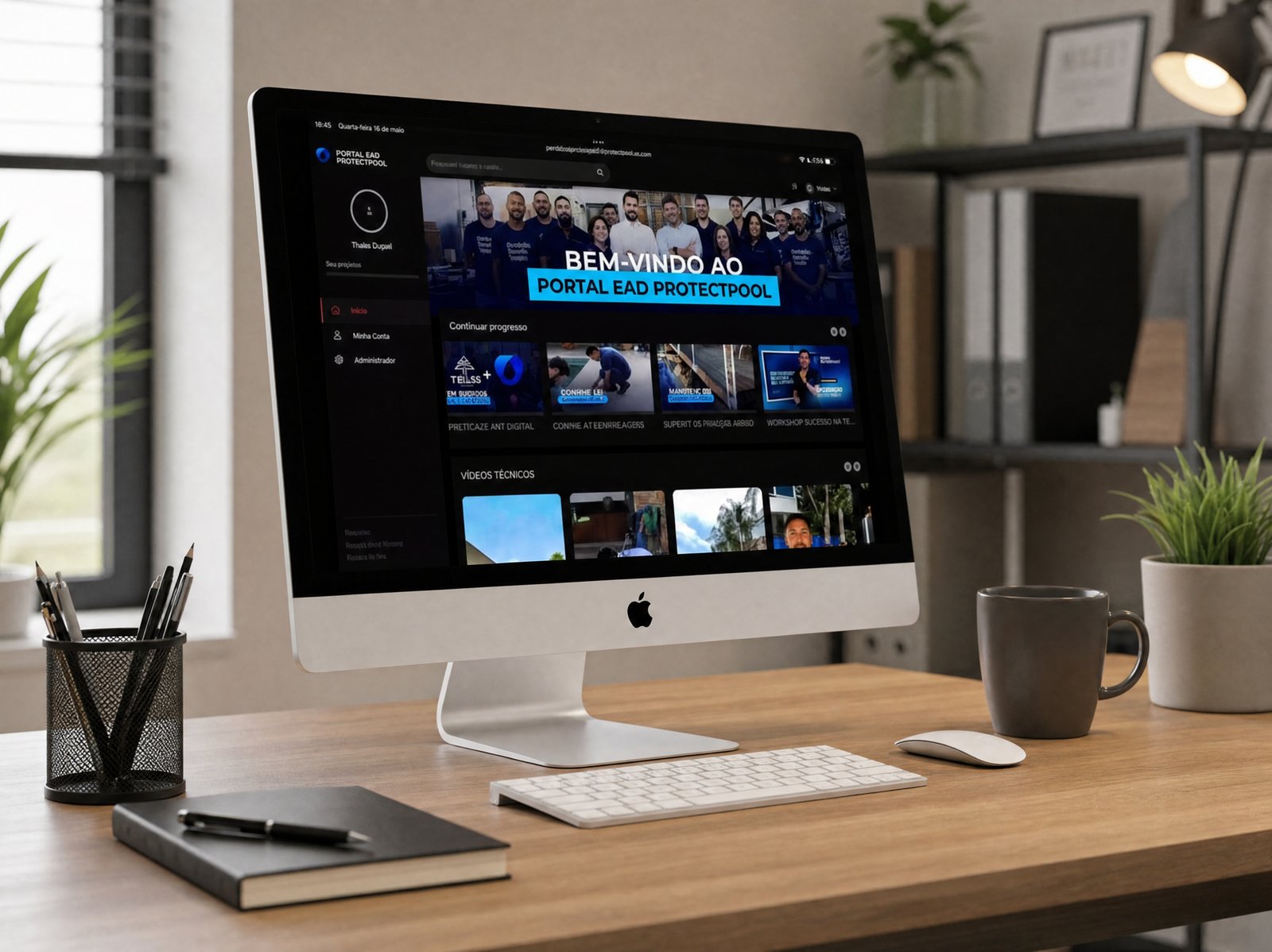 Portal EAD Protectpool, plataforma de capacitação criada pela Tríade Digital, exibido em um iMac sobre uma mesa de escritório